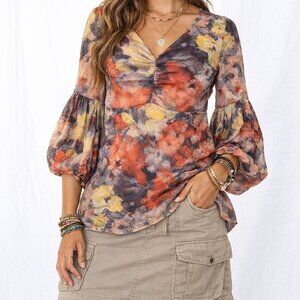 Women’s M Boho festival 3/4 Puff Sleeve colorful Floral Baby Doll Style  Top